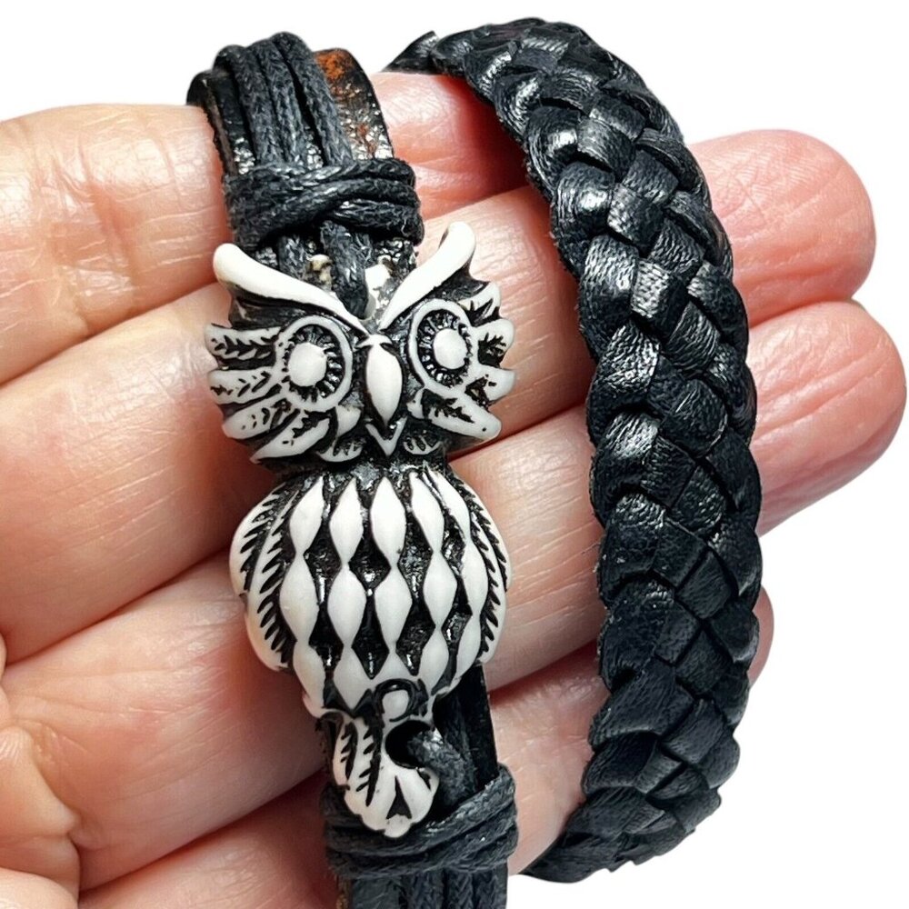 Woven Braided Leather Bracelet Owl Charm Black Brown Set of 2 Adjustable Boho
